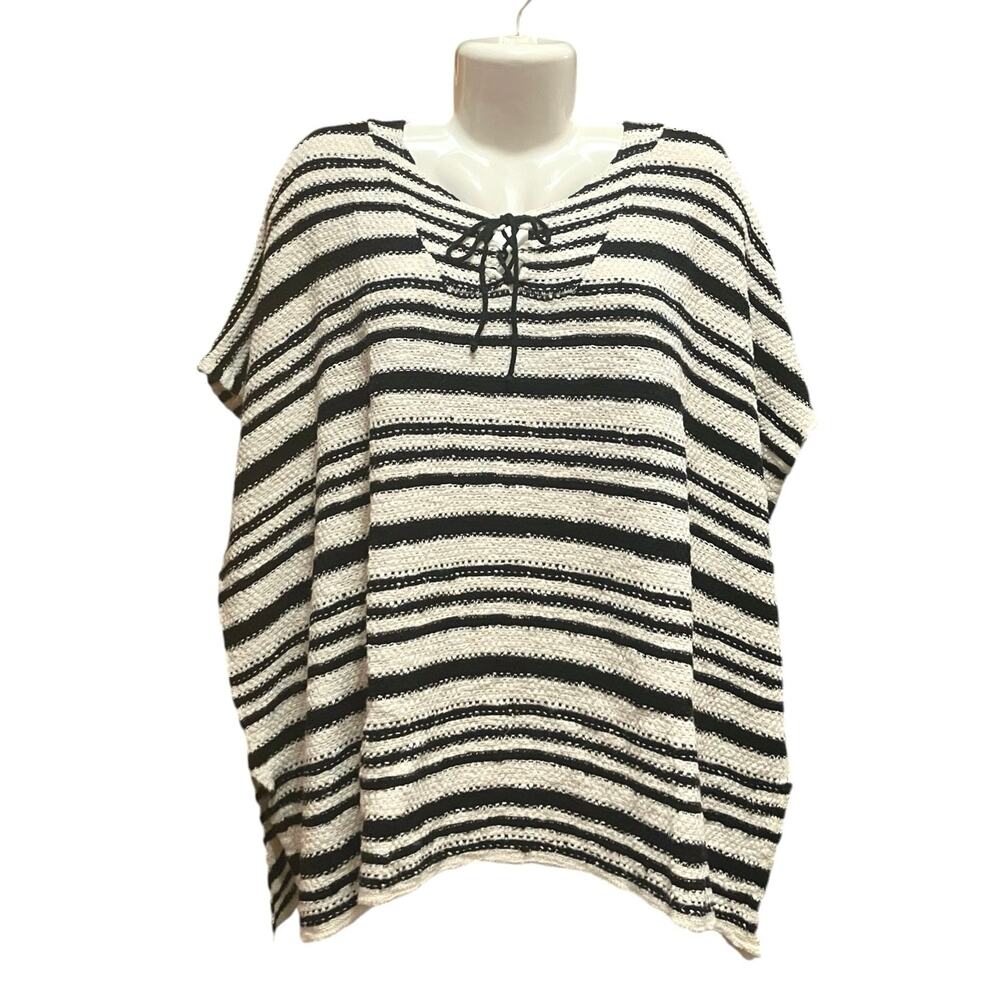 Mango Women's Black/White Striped Boho Lace-Up 100% Cotton Cape Sweater Sz S